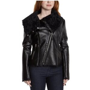 bebe Faux Shearling Moto Jacket‎ M Black Faux Leather Asym Zip Biker Chic